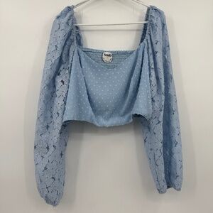 Arula Top Women A 1X NEW Blue Cottagecore Lace Long Sleeve Cropped Puff Sleeves